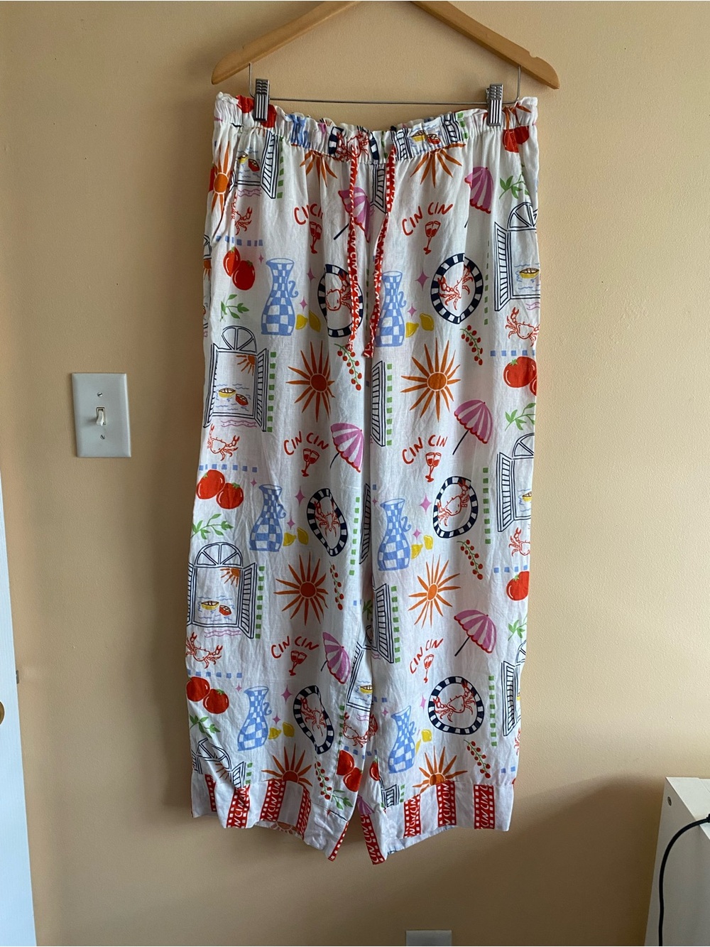 Cynthia Rowley 100% Linen Wide Leg Pants Mediterranean Print Woman XL Pockets - Picture 2 of 14